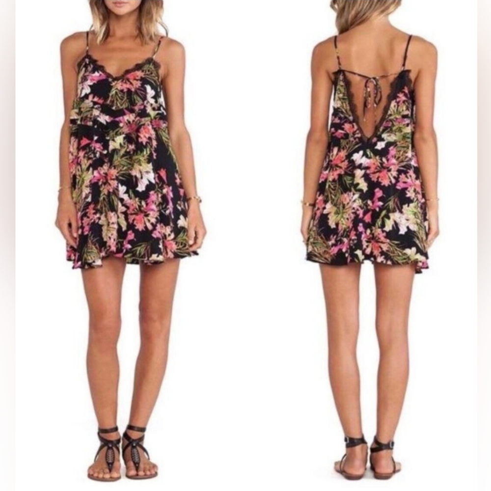 Lovers + Friends Black Tropical Floral Spaghetti-Strap Mini Dress
